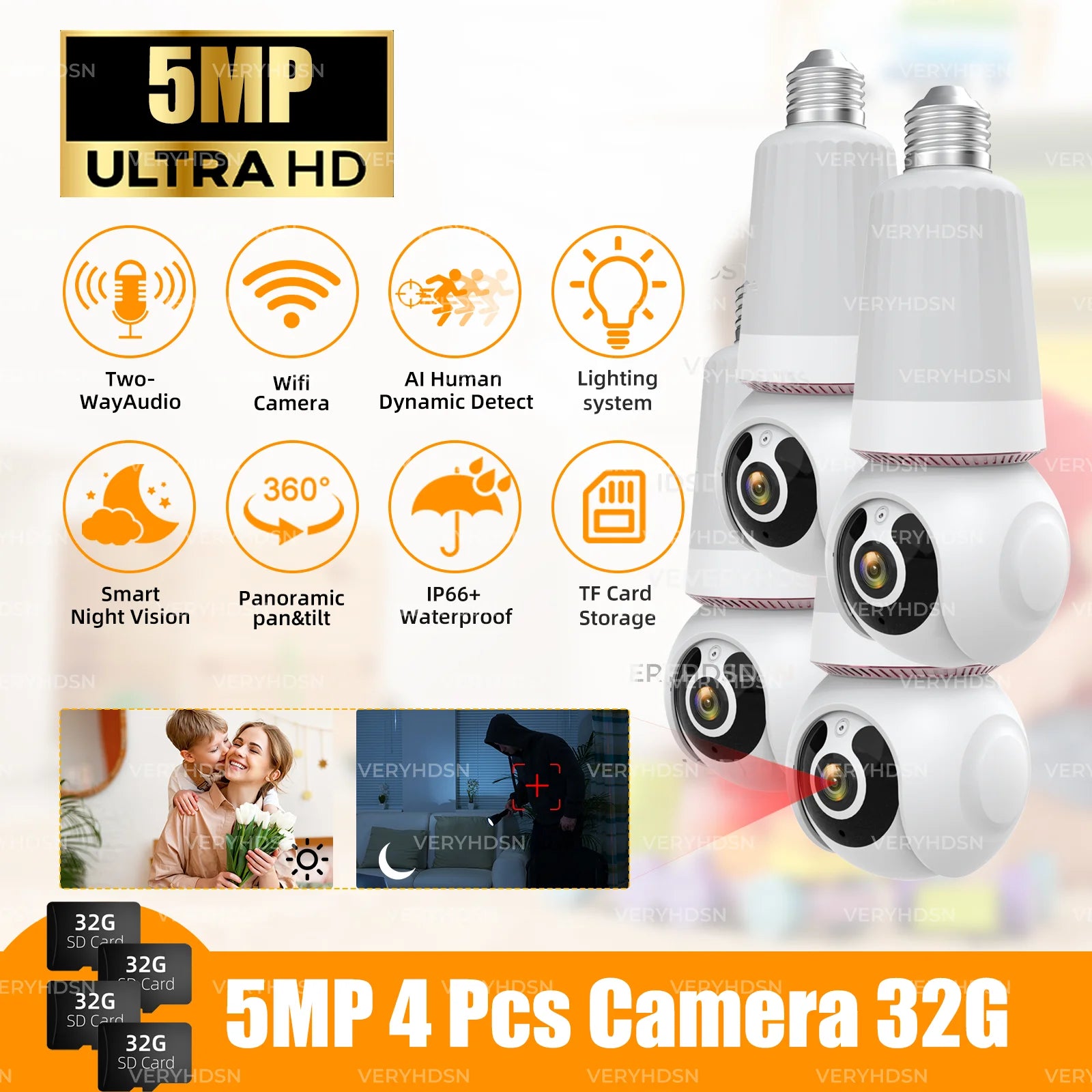 5MP 1/2/4PCS Bulb Camera Wifi 5G Color Night Vision 10X Digital Zoom Surveillance Camera Twoway Audio E27 Camera Waterproof IP66