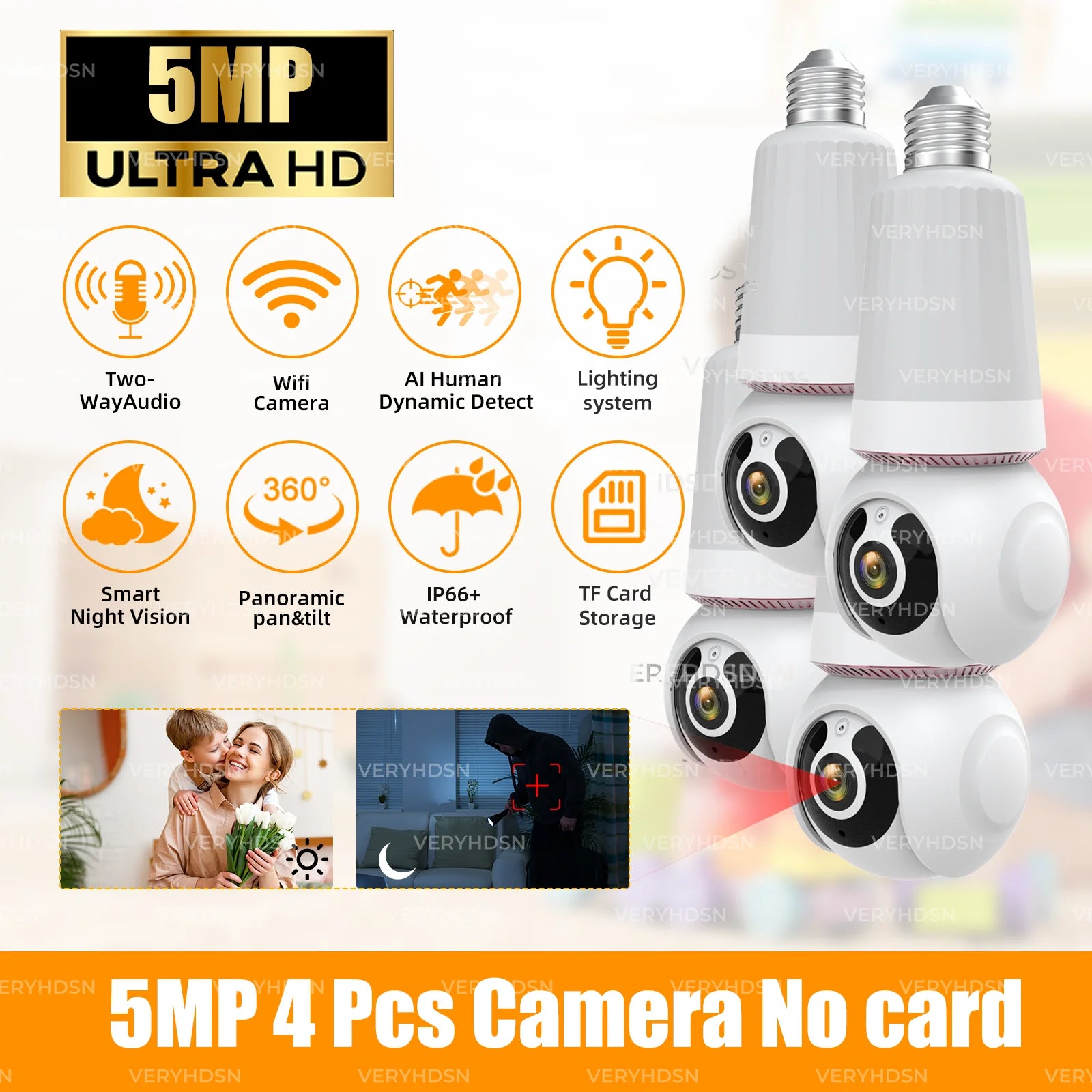 5MP 1/2/4PCS Bulb Camera Wifi 5G Color Night Vision 10X Digital Zoom Surveillance Camera Twoway Audio E27 Camera Waterproof IP66