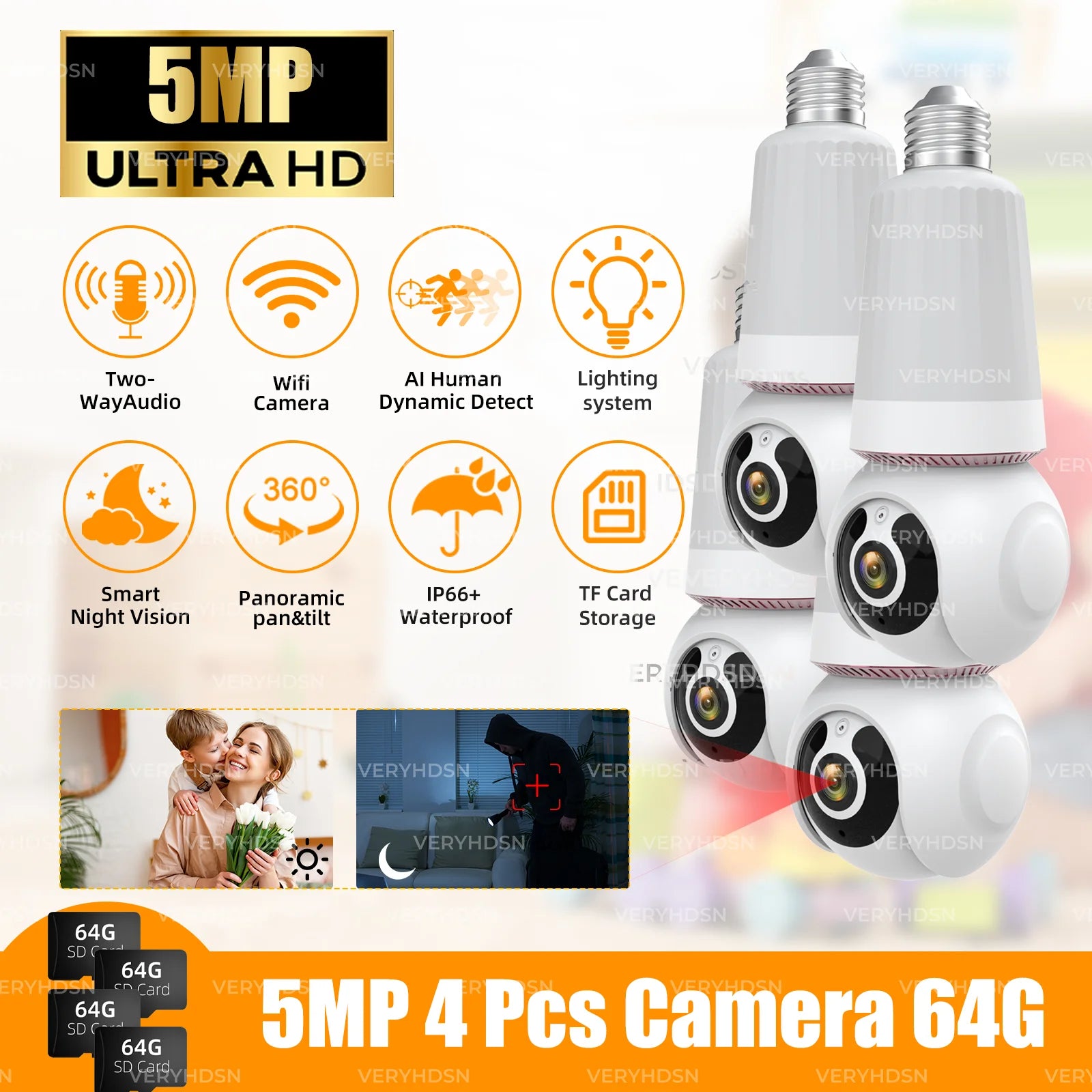 5MP 1/2/4PCS Bulb Camera Wifi 5G Color Night Vision 10X Digital Zoom Surveillance Camera Twoway Audio E27 Camera Waterproof IP66